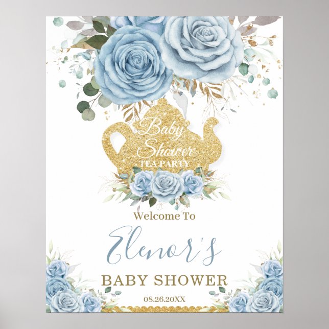 Poster Baby Blue Floral Rose Baby shower High Tea Party (Devant)