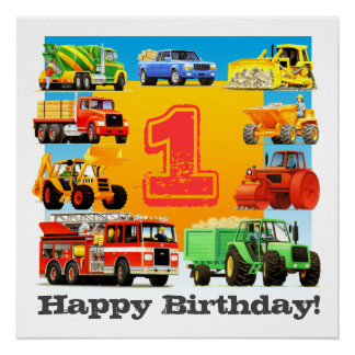 Poster Baby Boy 1er Joyeux Anniversaire Camion de constru