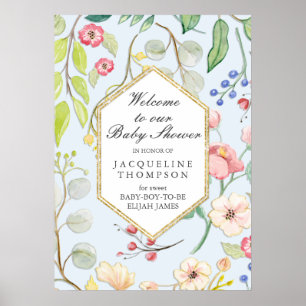 Poster Baby Boy Douche Bienvenue Floral Dusty Blue Hexago