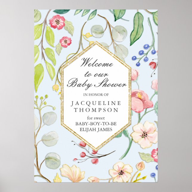 Poster Baby Boy Douche Bienvenue Floral Dusty Blue Hexago (Devant)