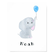 Baby Boy Elephant Nursery Wall Art personnalisable