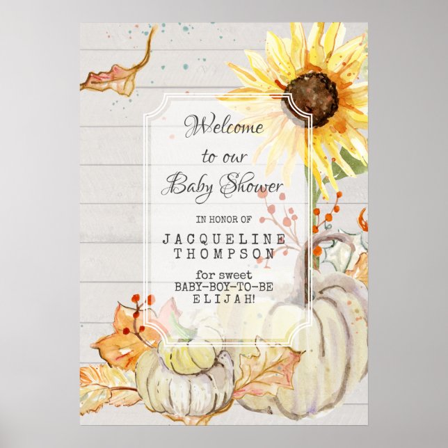 Poster Baby Boy Shower Welcome Fall Citrouille Sunflower  (Devant)