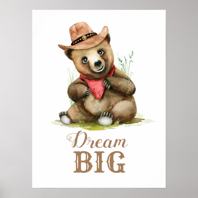 Poster Baby Boys Room Art - Little Cowboy Bear Aquarelle (Devant)