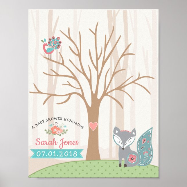 Poster Baby Fox Baby shower Thumbprint Guestbook (Devant)