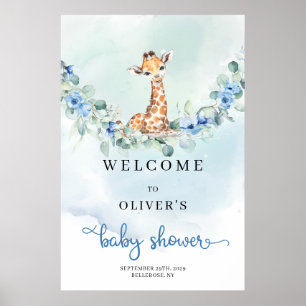 Poster Baby girafe fleurs bleues Baby shower garçon Bienv
