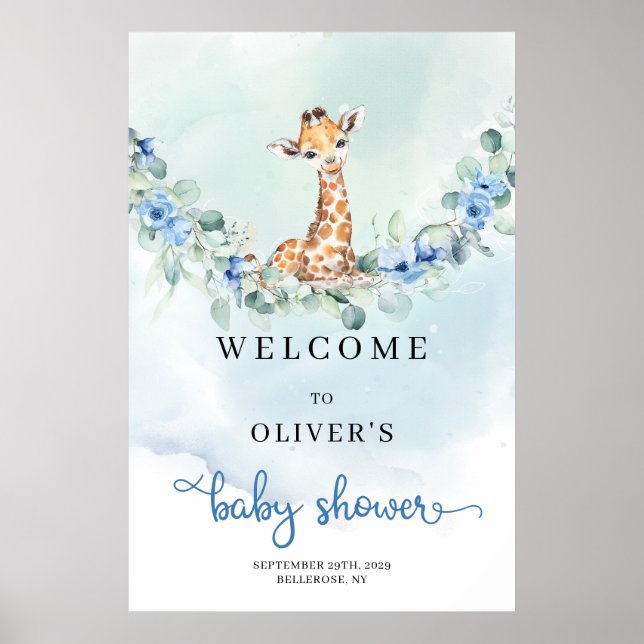 Poster Baby girafe fleurs bleues Baby shower garçon Bienv (Devant)