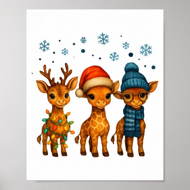 Poster Baby Giraffe Christmas Lights Santa Hat Reindeer W (Devant)