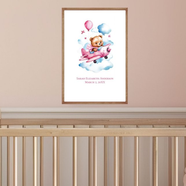 Poster Baby Girl Bear Flying Airplane Nursery Wall Art (Baby Girl Bear Flying Airplane Nursery Wall Art, Personalize it with name, birth stats)