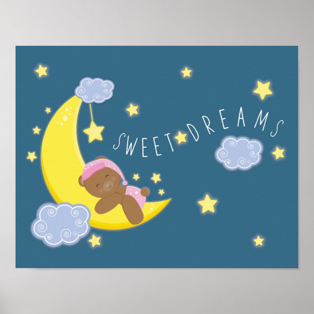 Poster Baby Girl Bear Lune Celestial Stars Nursery Imprim (Devant)