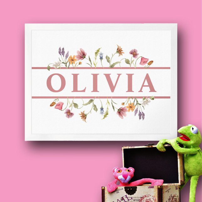 Poster Baby Girl Enfant rose Fleur sauvage nom Wall Art (Beautiful floral wall art name plaque for nursery or girl's bedroom.  Pretty in pink.)