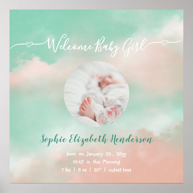 Poster Baby Girl Name Script Birth Stats Nouveau-né Photo (Devant)