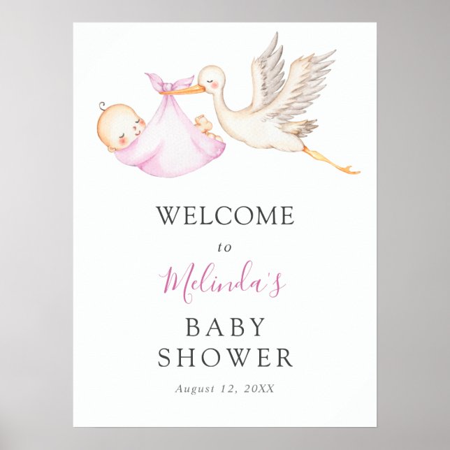 Poster Baby Girl Pink Stork Baby shower de bienvenue (Devant)