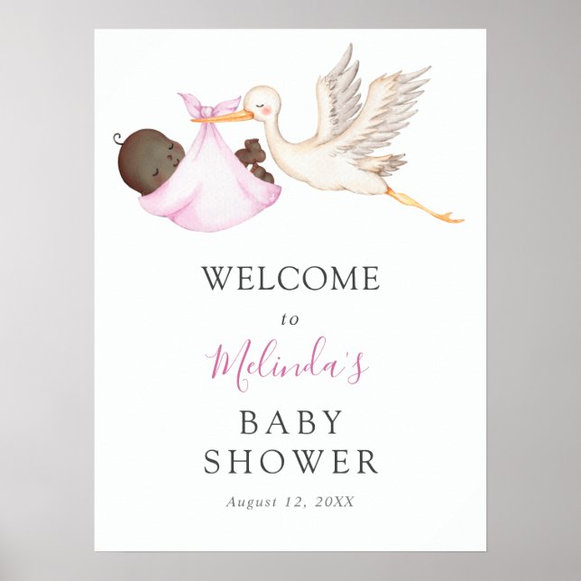 Poster Baby Girl Pink Stork Baby shower de bienvenue (Devant)