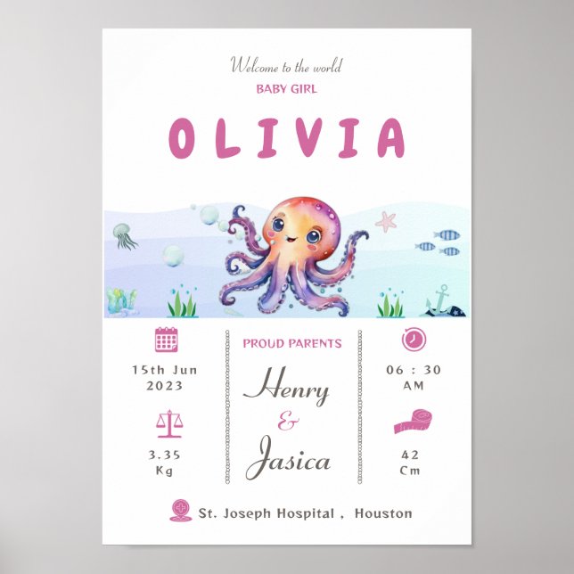 Poster Baby Girl statistiques de naissance thème aquatiqu (Devant)