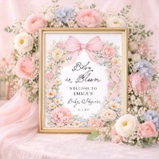 Poster Baby in Bloom Pink Bow Floral Baby Shower Welcome