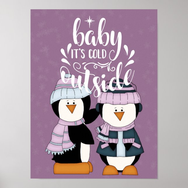 Poster Baby It's Cold Outside Pingouins Violets & Bleus (Devant)