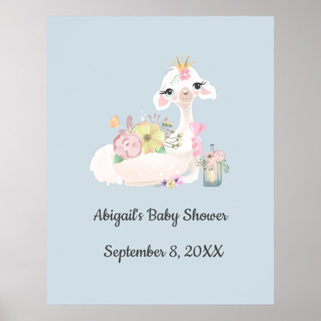 Poster Baby Llama avec Fleurs Blanc et Bleu Baby Boy (Devant)