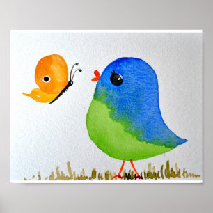Poster Baby Nursery wallart_ Aquarelle Bleu Oiseau
