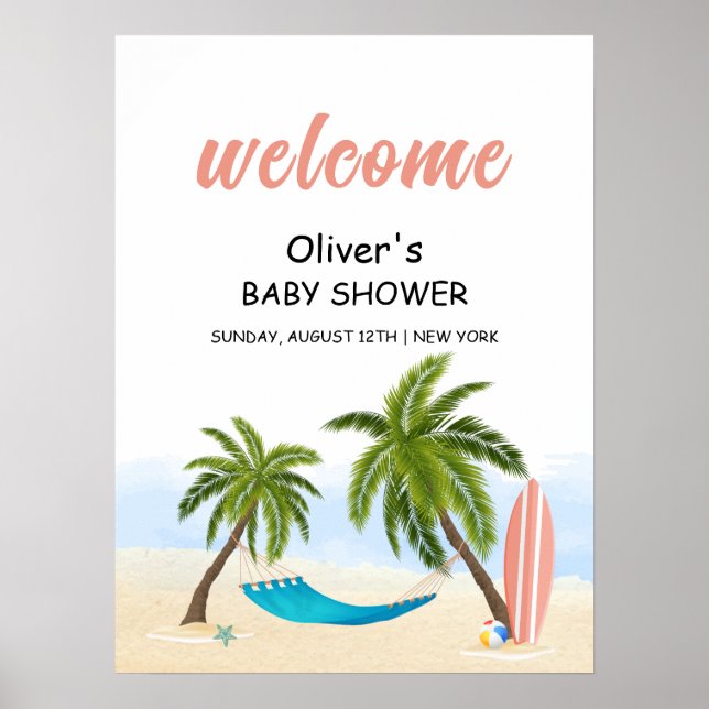 Poster Baby On Board Beach Surfing Baby shower Bienvenue (Devant)
