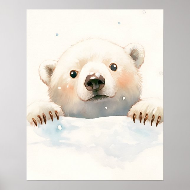 Poster Baby Polar Bear In the Snow Holiday Painting  (Devant)