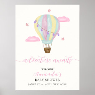 Poster Baby shower à air chaud rose arc-en-ciel Bienvenue