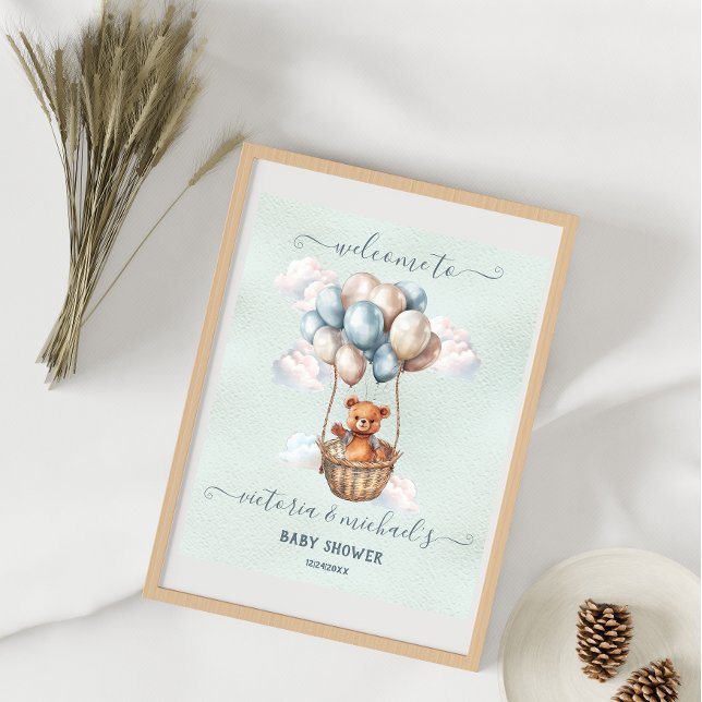 Poster Baby shower à air chaud Teddy Bear Bienvenue (Select your size)