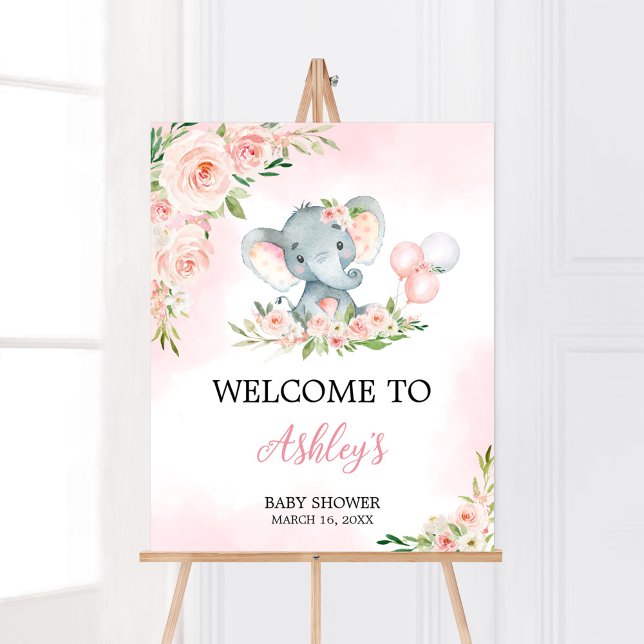 Poster Baby shower à bulle rose floral (Floral Balloon Elephant Baby Shower Welcome Sign)