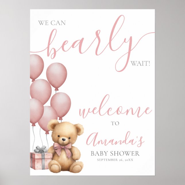 Poster Baby shower à bulle rose Teddy Bear Bienvenue (Devant)