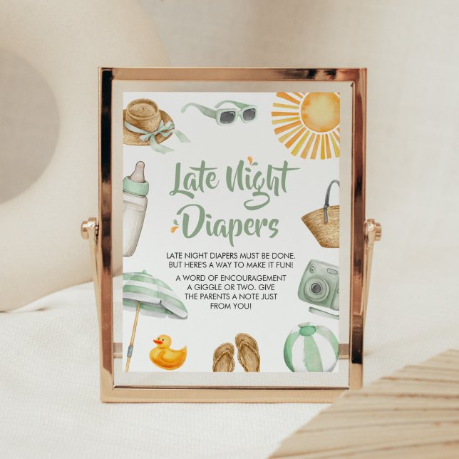 Poster Baby shower à éclaboussures vertes Diapositives de (Summer Baby Bash Baby Shower Late Night Diapers Sign)