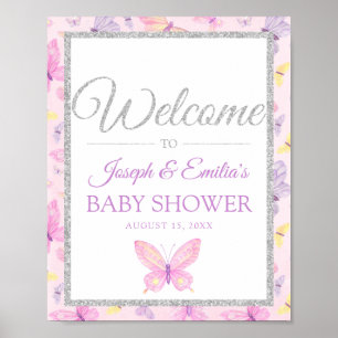 Poster Baby shower à papillon rose et violet