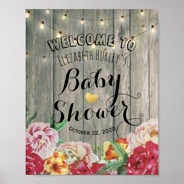 Poster Baby shower Accueil Fleurs Chic Chaîne Bois Clair (Devant)