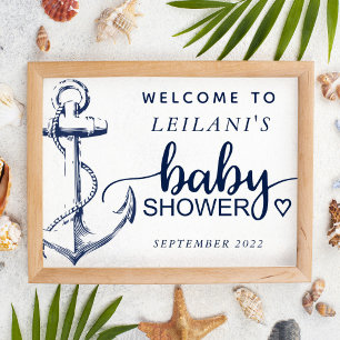 Poster Baby shower Ancre nautique Bienvenue Blanc