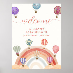 Poster Baby shower arc-en-ciel Cute Hot Air Balloon Bienv
