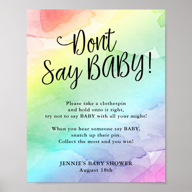 Poster Baby shower arc-en-ciel ne pas dire jeu de bébé (Devant)
