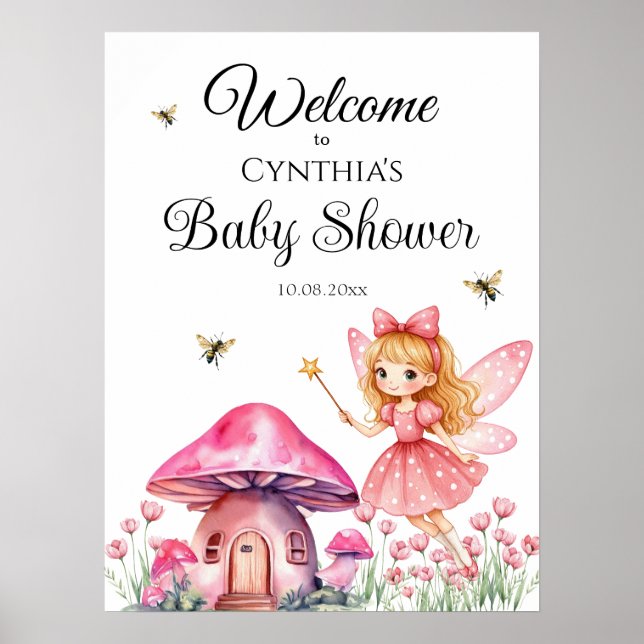 Poster Baby shower aux champignons poilus roses (Devant)