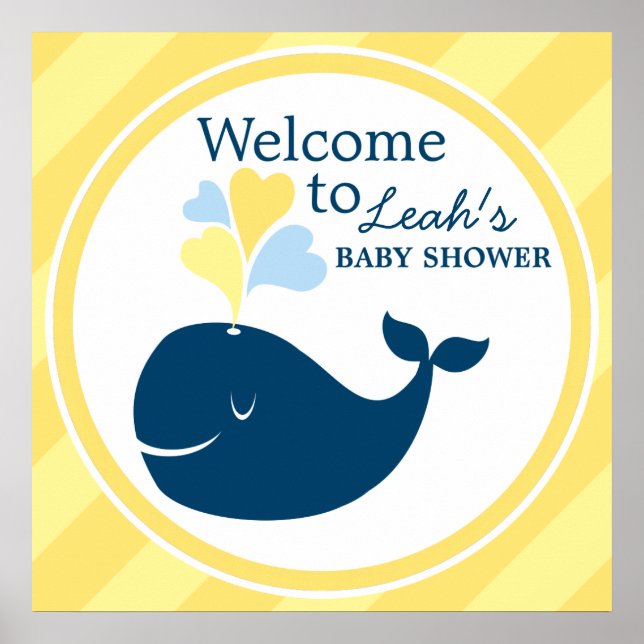 Poster Baby shower baleine Bienvenue Marine bleu et jaune (Devant)