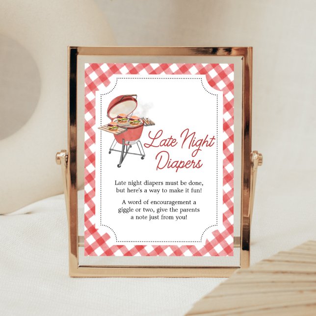 Poster Baby shower BBQ Burger Rouge Diapositives nocturne (Backyard BBQ Baby Shower Late Night Diapers Sign)