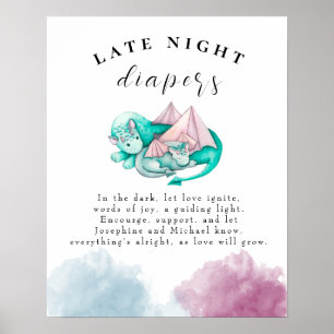 Poster Baby shower bébé dragon de la mère Late Night Diap