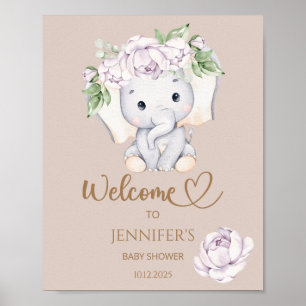 Poster Baby shower bébé éléphant et fleurs Bienvenue