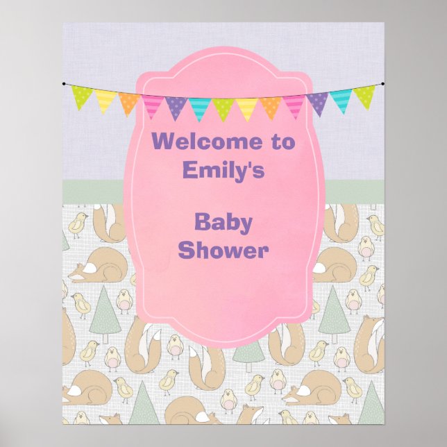 Poster Baby shower Bienvenue avec les Créatures des Bois (Devant)