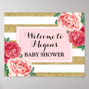 Poster Baby shower Bienvenue Blush or rose floral