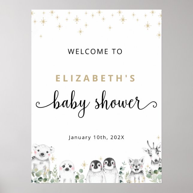 Poster Baby shower Bienvenue hiver Wonderland Animaux Pos (Devant)