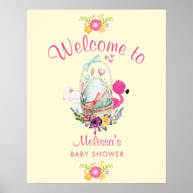Poster Baby shower Bienvenue Mignonnes Animaux et fleurs (Devant)