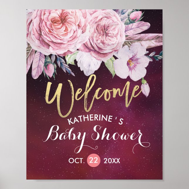 Poster Baby shower Bienvenue Plumes florales Bourgogne Ro (Devant)