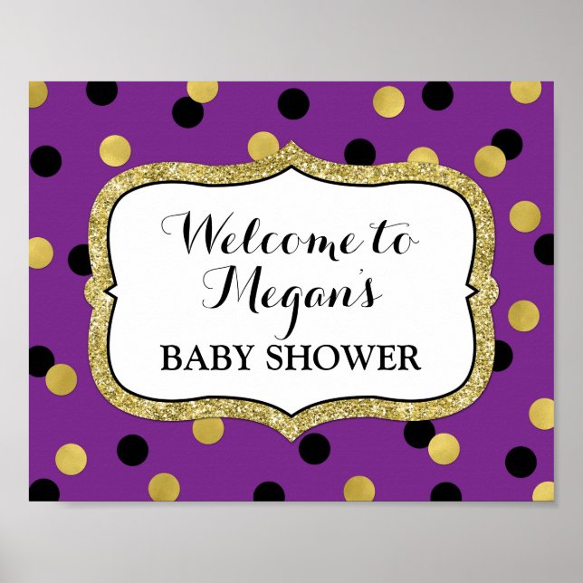 Poster Baby shower Bienvenue Purple Black Gold Confetti (Devant)
