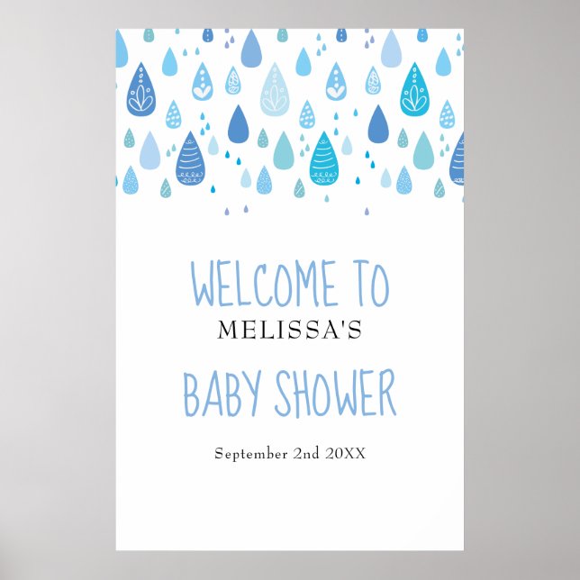 Poster Baby shower Bleu bleu gouttes / Accueil de l'arros (Devant)