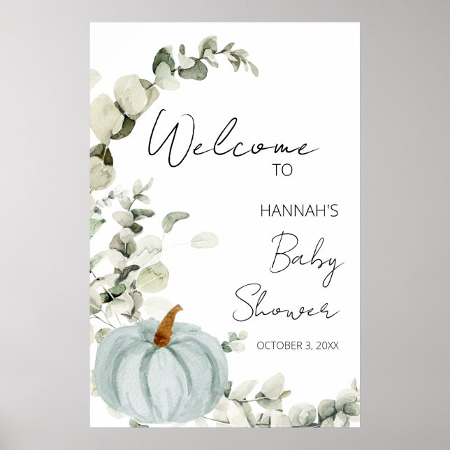 Poster Baby shower Bleu Citrouille Automne Bienvenue (Devant)
