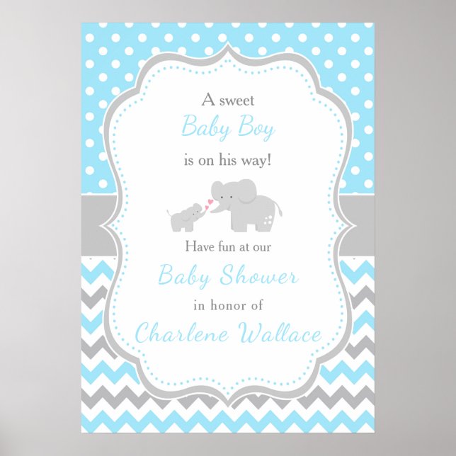 Poster Baby shower bleu et gris éléphant (Devant)