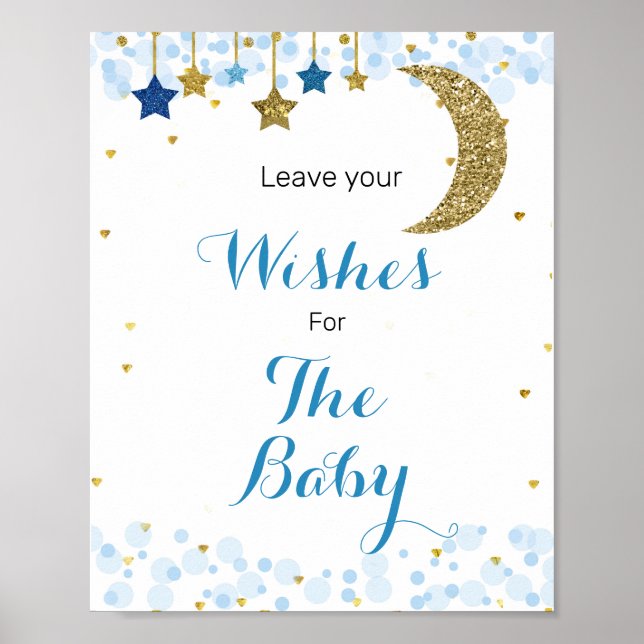 Poster Baby shower bleu lune Voeux pour bébé (Devant)