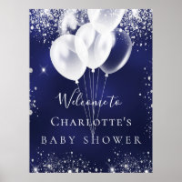 Baby shower bleu marine ballons blancs bienvenue